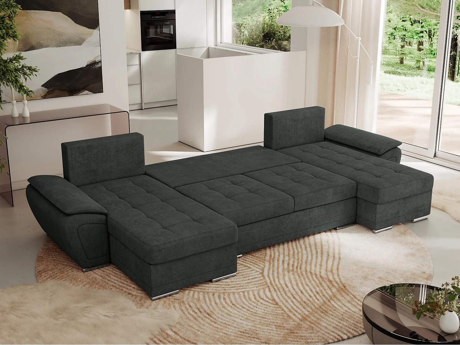 Ecksofa UMBRIA U - XXL Wohnlandschaft, mit Schlaffunktion und Bettkasten, genähte Ecke - Dunkelgrau Stukture