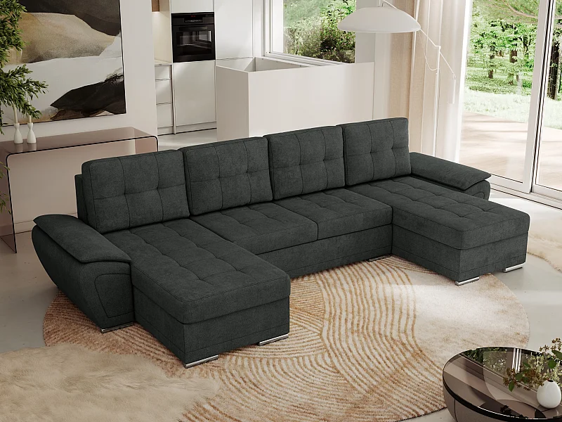 Ecksofa UMBRIA U - XXL Wohnlandschaft, mit Schlaffunktion und Bettkasten, genähte Ecke - Dunkelgrau Stukture