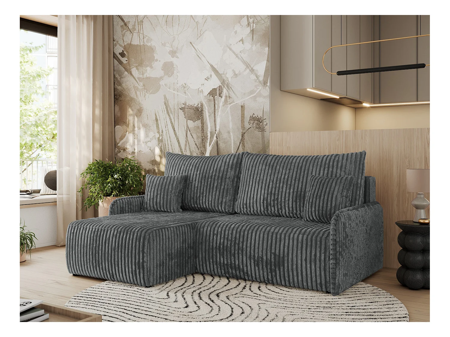 Ecksofa ARPA - L-form Schlaffsofa, Bettkasten und lose Kissen, Armlehnen - Dunkelgrau Cord - Ecke Links