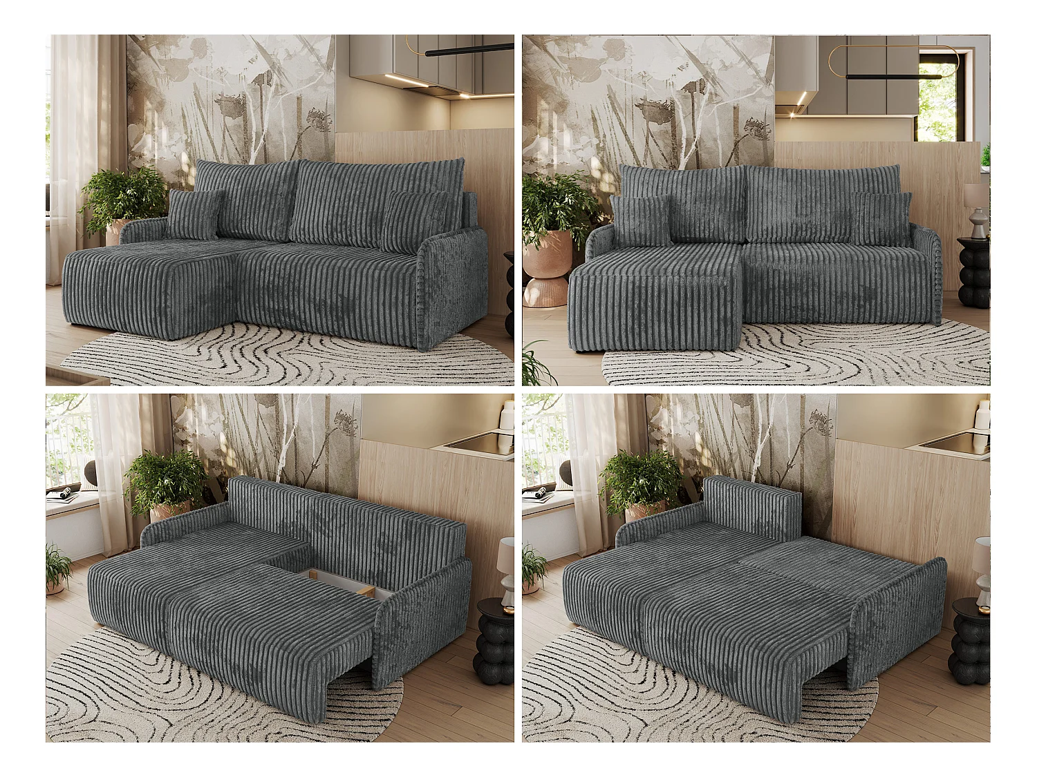 Ecksofa ARPA - L-form Schlaffsofa, Bettkasten und lose Kissen, Armlehnen - Dunkelgrau Cord - Ecke Links