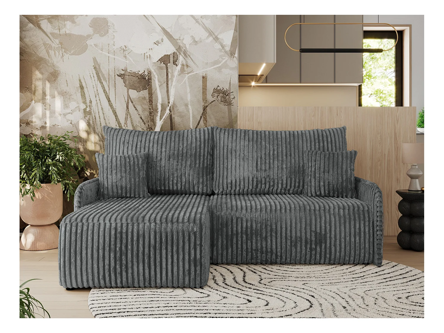 Ecksofa ARPA - L-form Schlaffsofa, Bettkasten und lose Kissen, Armlehnen - Dunkelgrau Cord - Ecke Links