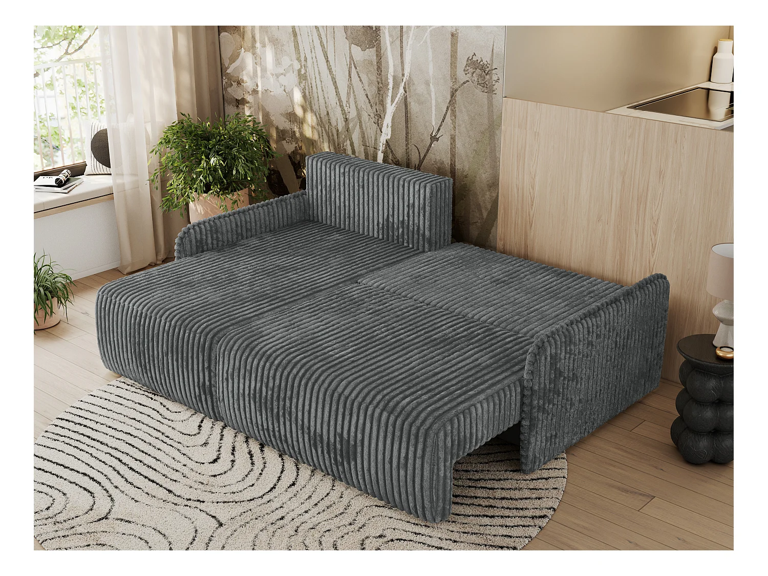 Ecksofa ARPA - L-form Schlaffsofa, Bettkasten und lose Kissen, Armlehnen - Dunkelgrau Cord - Ecke Links