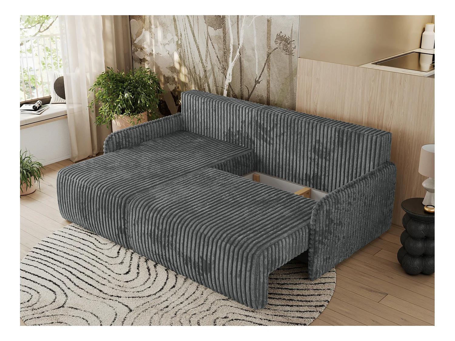 Ecksofa ARPA - L-form Schlaffsofa, Bettkasten und lose Kissen, Armlehnen - Dunkelgrau Cord - Ecke Links