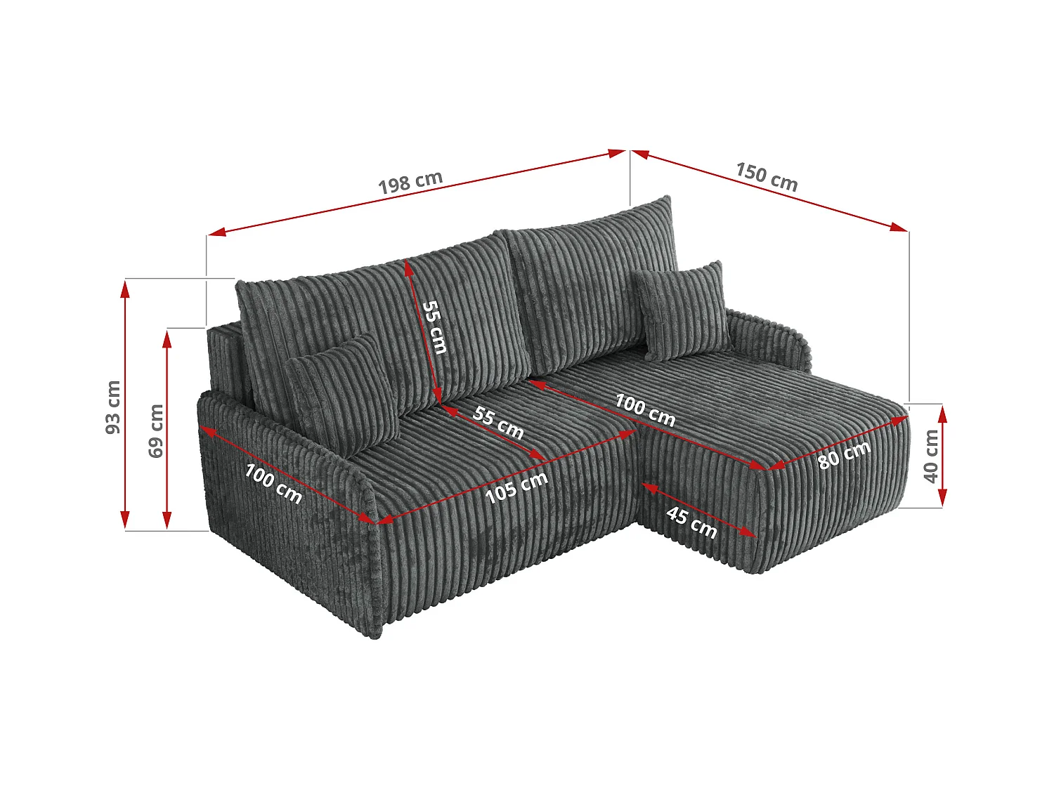 Ecksofa ARPA - L-form Schlaffsofa, Bettkasten und lose Kissen, Armlehnen - Dunkelgrau Cord - Ecke Links