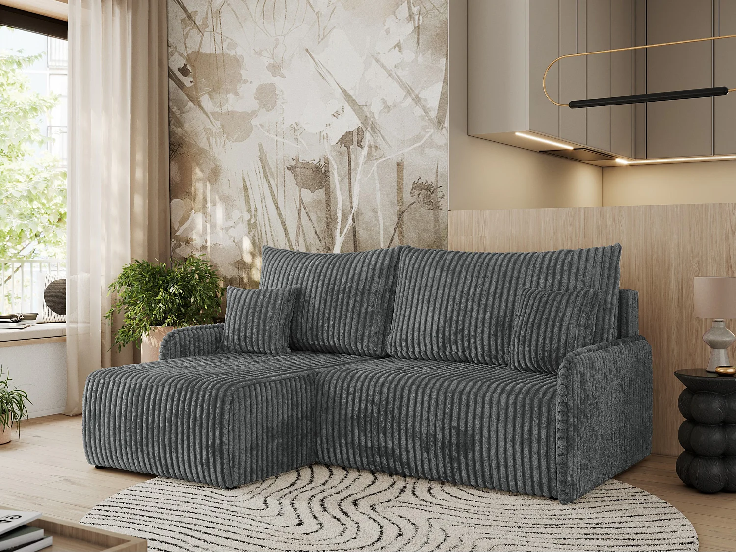 Ecksofa ARPA - L-form Schlaffsofa, Bettkasten und lose Kissen, Armlehnen - Dunkelgrau Cord - Ecke Links