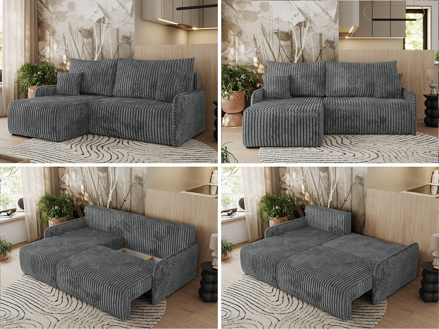 Ecksofa ARPA - L-form Schlaffsofa, Bettkasten und lose Kissen, Armlehnen - Dunkelgrau Cord - Ecke Links