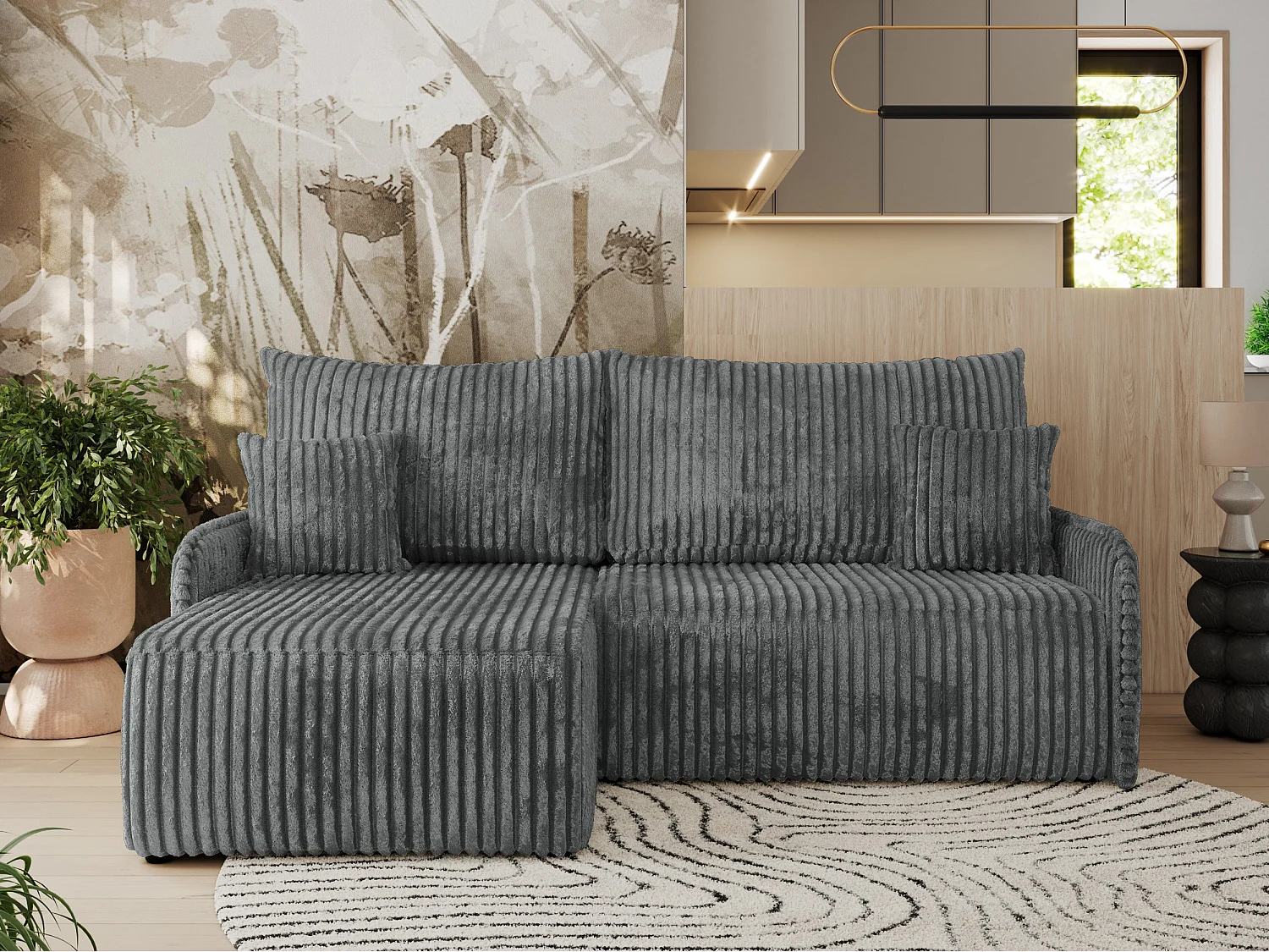 Ecksofa ARPA - L-form Schlaffsofa, Bettkasten und lose Kissen, Armlehnen - Dunkelgrau Cord - Ecke Links