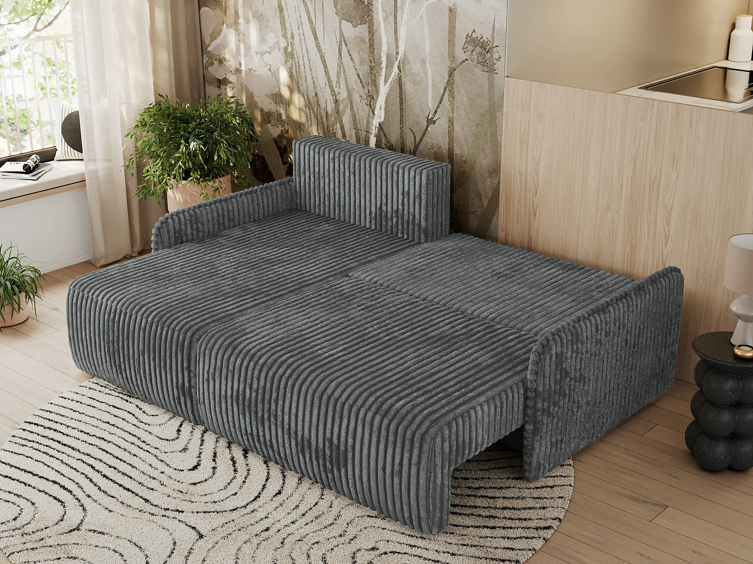 Ecksofa ARPA - L-form Schlaffsofa, Bettkasten und lose Kissen, Armlehnen - Dunkelgrau Cord - Ecke Links