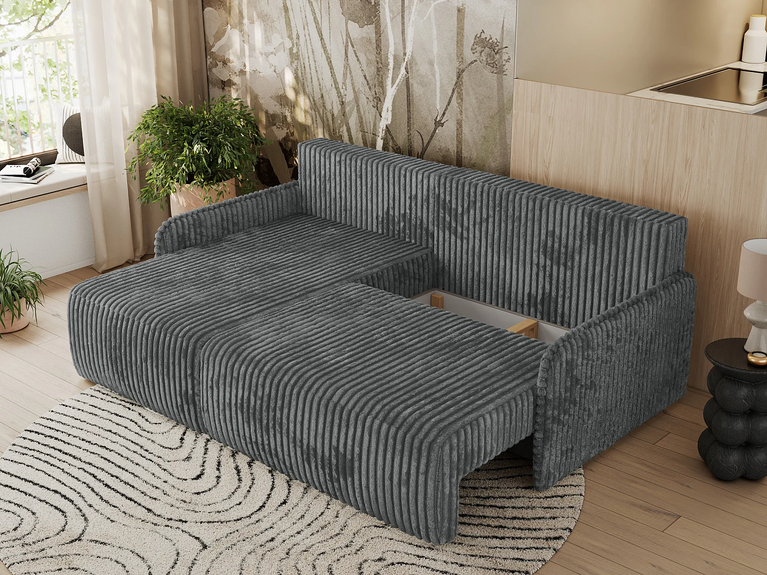 Ecksofa ARPA - L-form Schlaffsofa, Bettkasten und lose Kissen, Armlehnen - Dunkelgrau Cord - Ecke Links