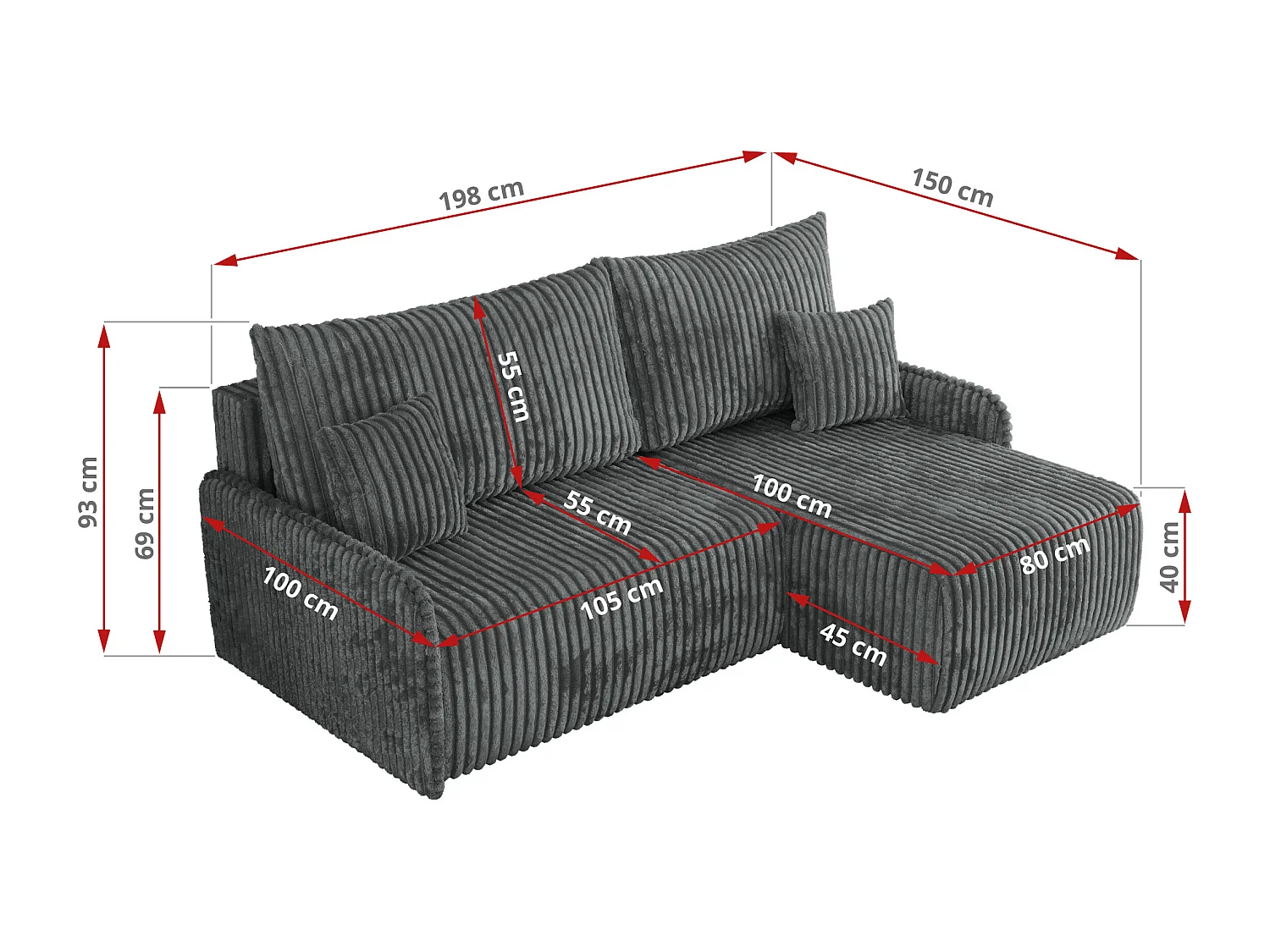 Ecksofa ARPA - L-form Schlaffsofa, Bettkasten und lose Kissen, Armlehnen - Dunkelgrau Cord - Ecke Links