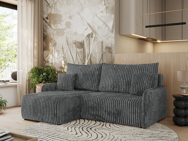 Ecksofa ARPA - L-form Schlaffsofa, Bettkasten und lose Kissen, Armlehnen - Dunkelgrau Cord - Ecke Links
