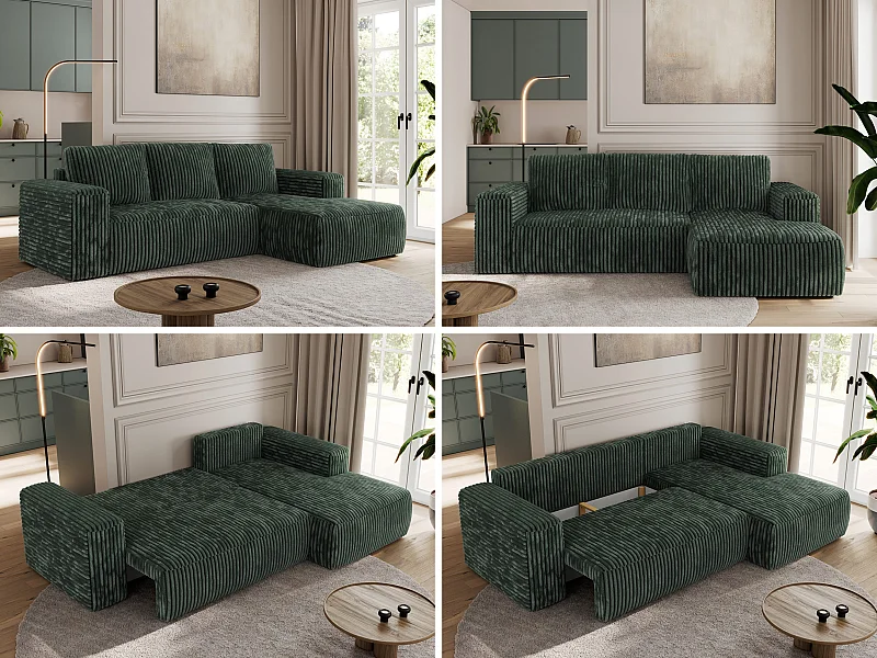 Ecksofa TRENTINO - mit Schlaffunktion und Bettkasten, L-form Couch, lose Kissen und Armlehnen - Grün Cord - Ecke Rechts