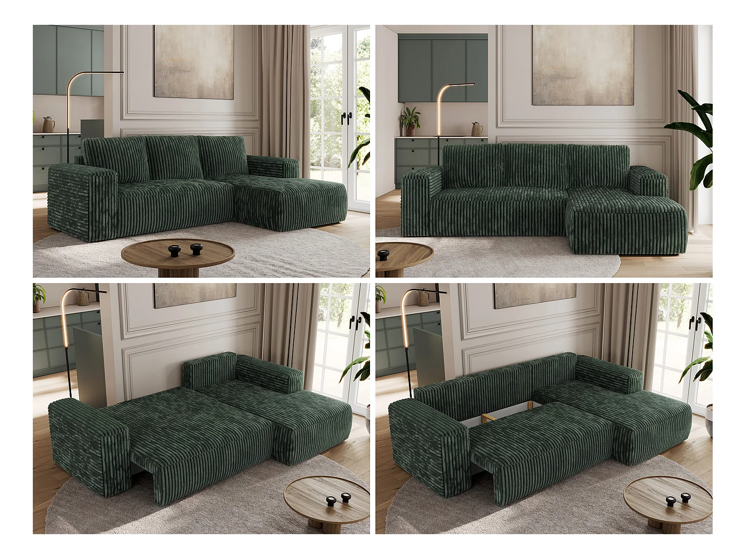 Ecksofa TRENTINO - mit Schlaffunktion und Bettkasten, L-form Couch, lose Kissen und Armlehnen - Grün Cord - Ecke Rechts