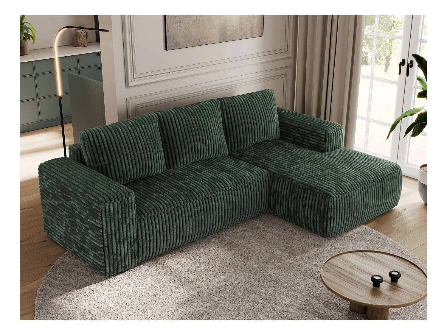 Ecksofa TRENTINO - mit Schlaffunktion und Bettkasten, L-form Couch, lose Kissen und Armlehnen - Grün Cord - Ecke Rechts
