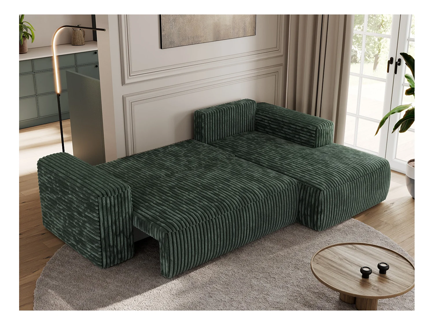 Ecksofa TRENTINO - mit Schlaffunktion und Bettkasten, L-form Couch, lose Kissen und Armlehnen - Grün Cord - Ecke Rechts