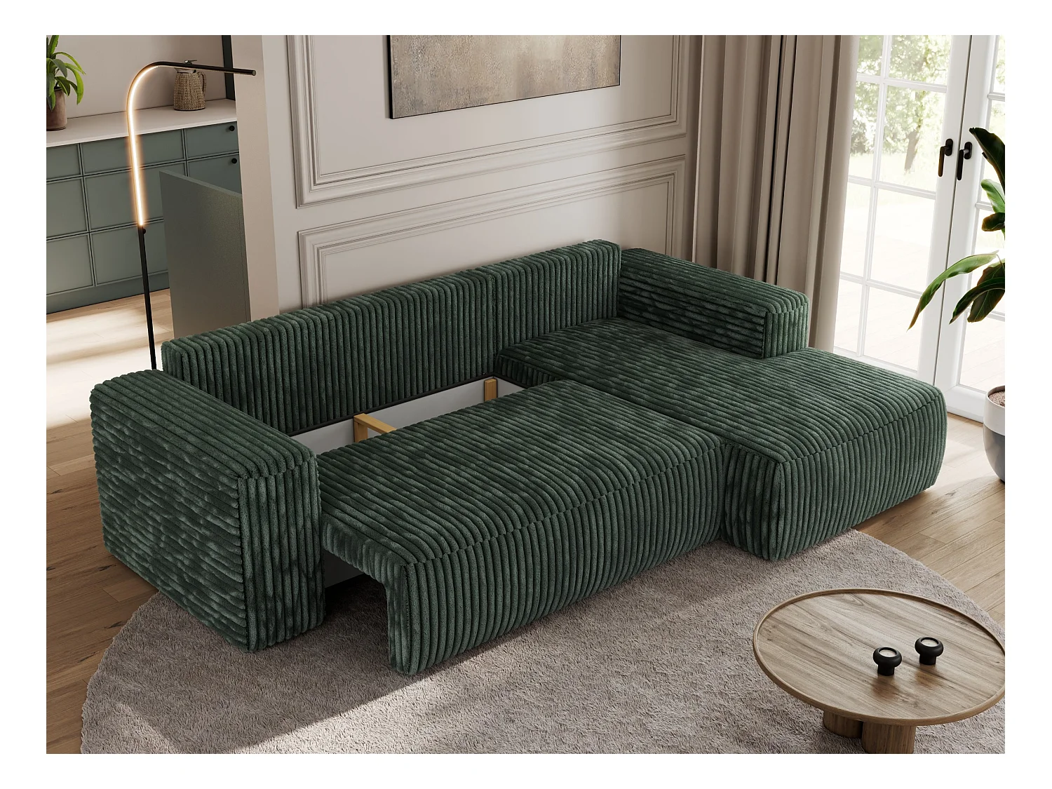 Ecksofa TRENTINO - mit Schlaffunktion und Bettkasten, L-form Couch, lose Kissen und Armlehnen - Grün Cord - Ecke Rechts