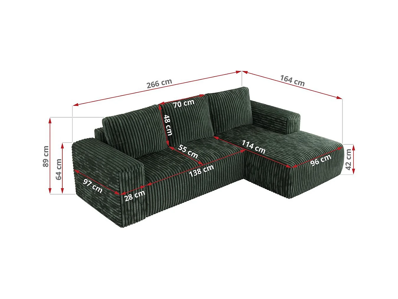 Ecksofa TRENTINO - mit Schlaffunktion und Bettkasten, L-form Couch, lose Kissen und Armlehnen - Grün Cord - Ecke Rechts