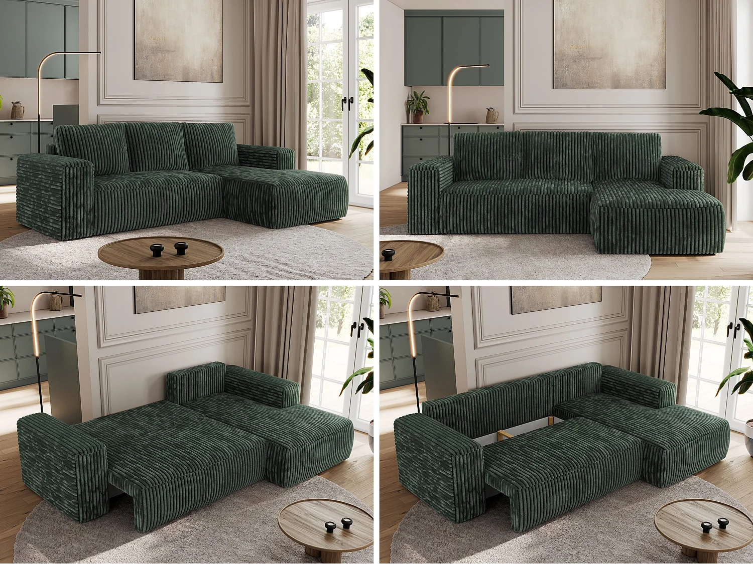 Ecksofa TRENTINO - mit Schlaffunktion und Bettkasten, L-form Couch, lose Kissen und Armlehnen - Grün Cord - Ecke Rechts