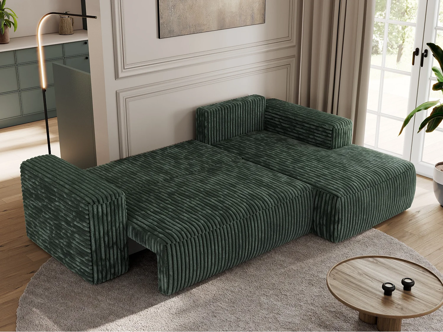 Ecksofa TRENTINO - mit Schlaffunktion und Bettkasten, L-form Couch, lose Kissen und Armlehnen - Grün Cord - Ecke Rechts