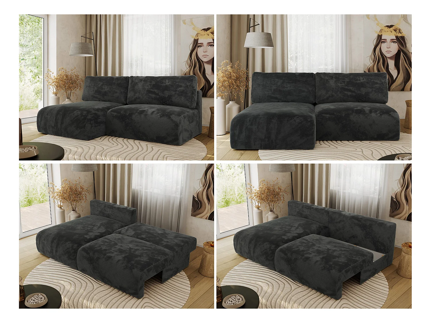 Ecksofa VIVO - L-form Couch mit Schlaffunktion und Bettkasten, Wellenfeder - Dunkelgrau Plüsch - Ecke Links