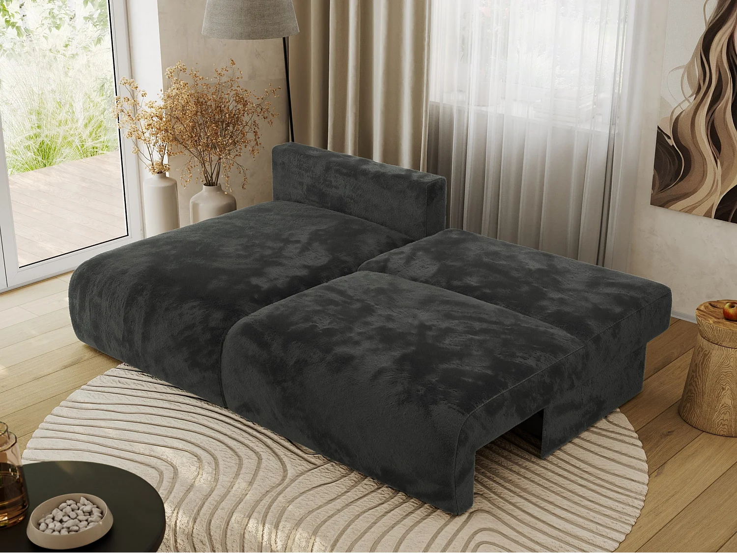 Ecksofa VIVO - L-form Couch mit Schlaffunktion und Bettkasten, Wellenfeder - Dunkelgrau Plüsch - Ecke Links