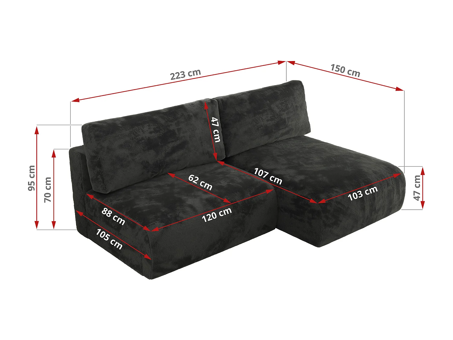 Ecksofa VIVO - L-form Couch mit Schlaffunktion und Bettkasten, Wellenfeder - Dunkelgrau Plüsch - Ecke Links