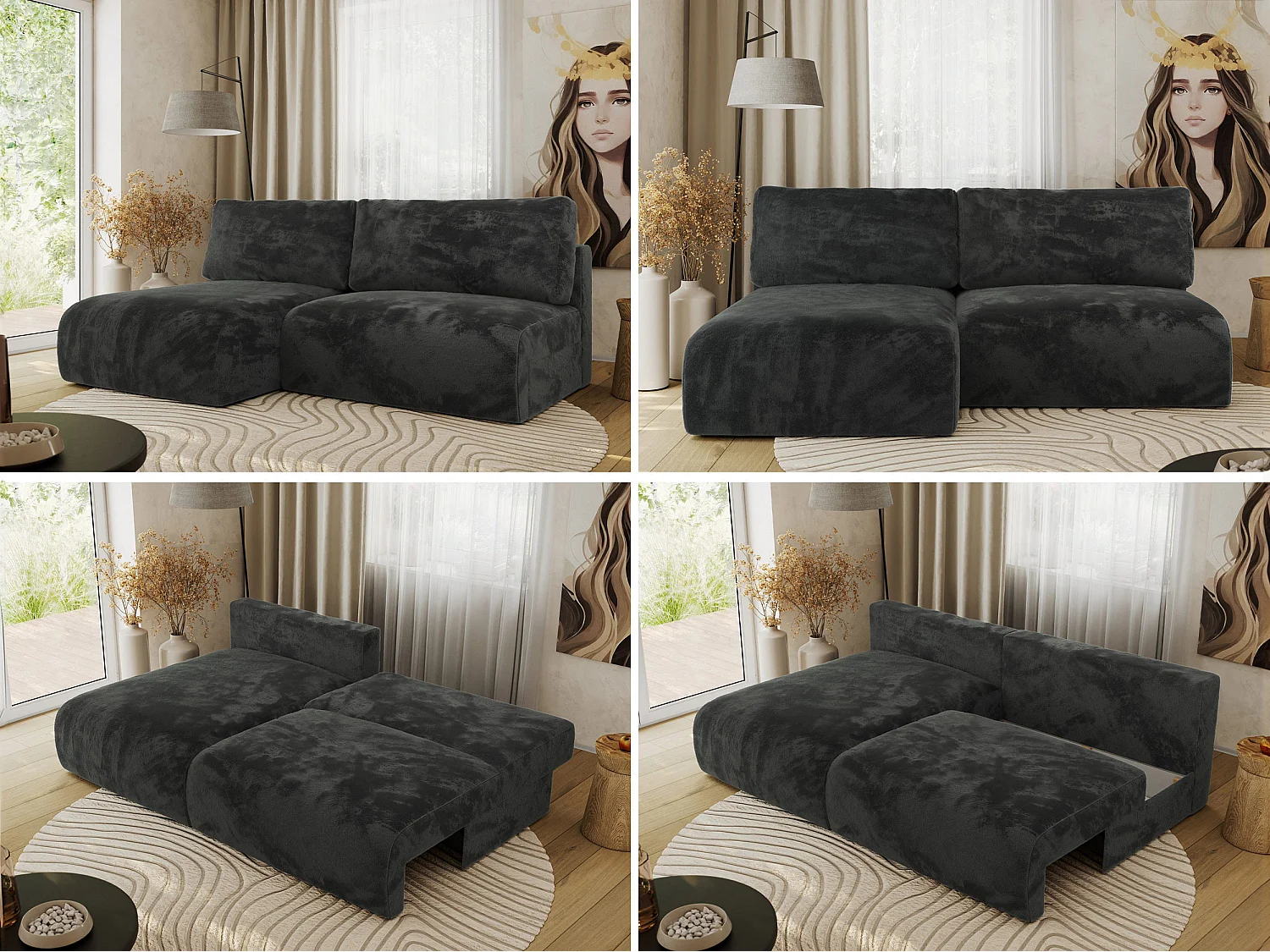 Ecksofa VIVO - L-form Couch mit Schlaffunktion und Bettkasten, Wellenfeder - Dunkelgrau Plüsch - Ecke Links