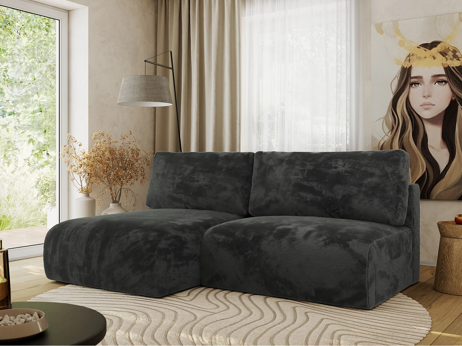 Ecksofa VIVO - L-form Couch mit Schlaffunktion und Bettkasten, Wellenfeder - Dunkelgrau Plüsch - Ecke Links