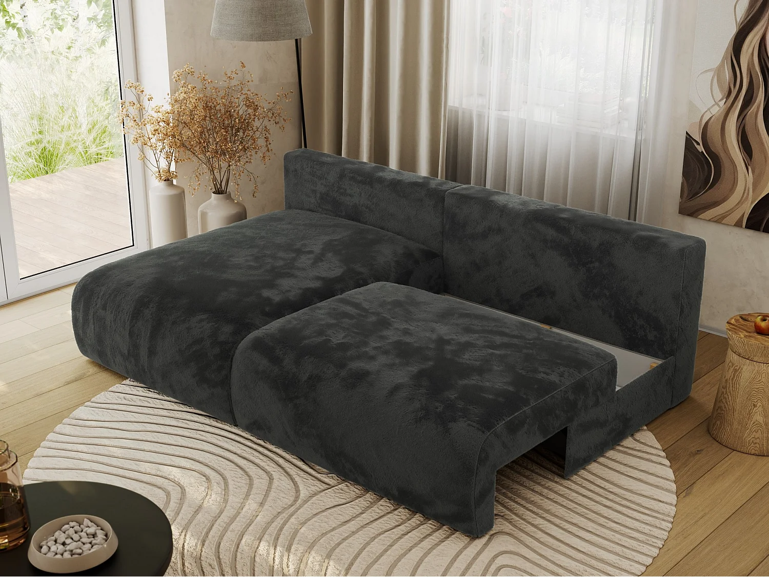 Ecksofa VIVO - L-form Couch mit Schlaffunktion und Bettkasten, Wellenfeder - Dunkelgrau Plüsch - Ecke Links