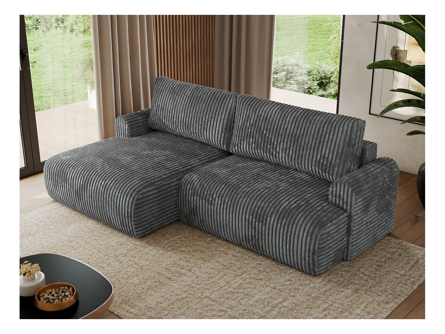 Ecksofa TONO - mit Schlaffunktion und Bettkasten, L-form Ecke, Armlehnen - Dunkelgrau Cord - Ecke Links