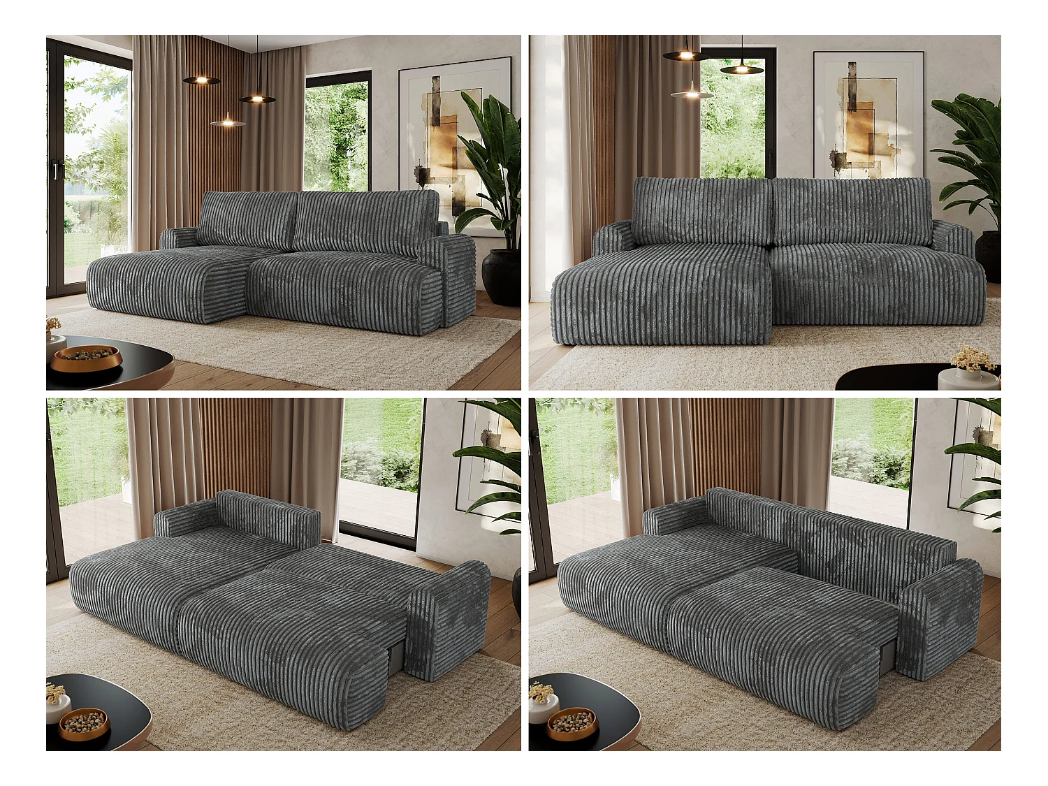 Ecksofa TONO - mit Schlaffunktion und Bettkasten, L-form Ecke, Armlehnen - Dunkelgrau Cord - Ecke Links