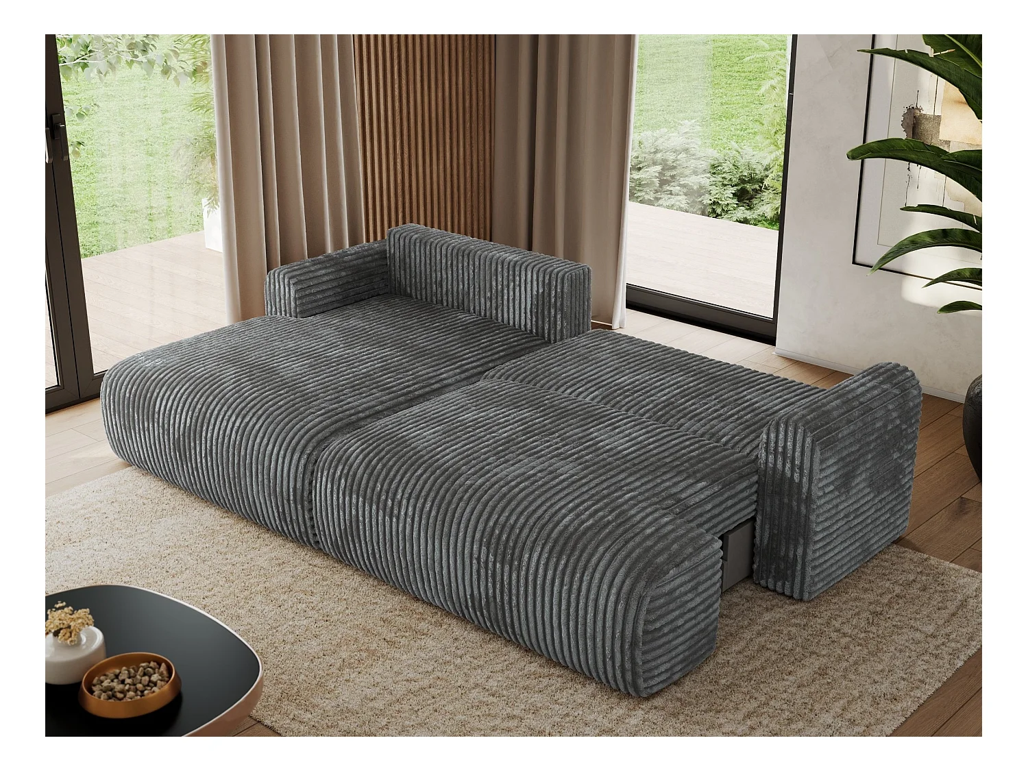 Ecksofa TONO - mit Schlaffunktion und Bettkasten, L-form Ecke, Armlehnen - Dunkelgrau Cord - Ecke Links