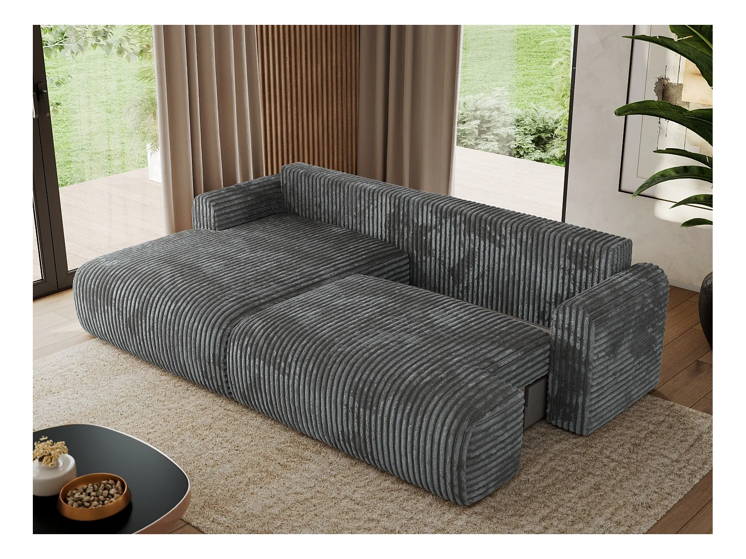 Ecksofa TONO - mit Schlaffunktion und Bettkasten, L-form Ecke, Armlehnen - Dunkelgrau Cord - Ecke Links