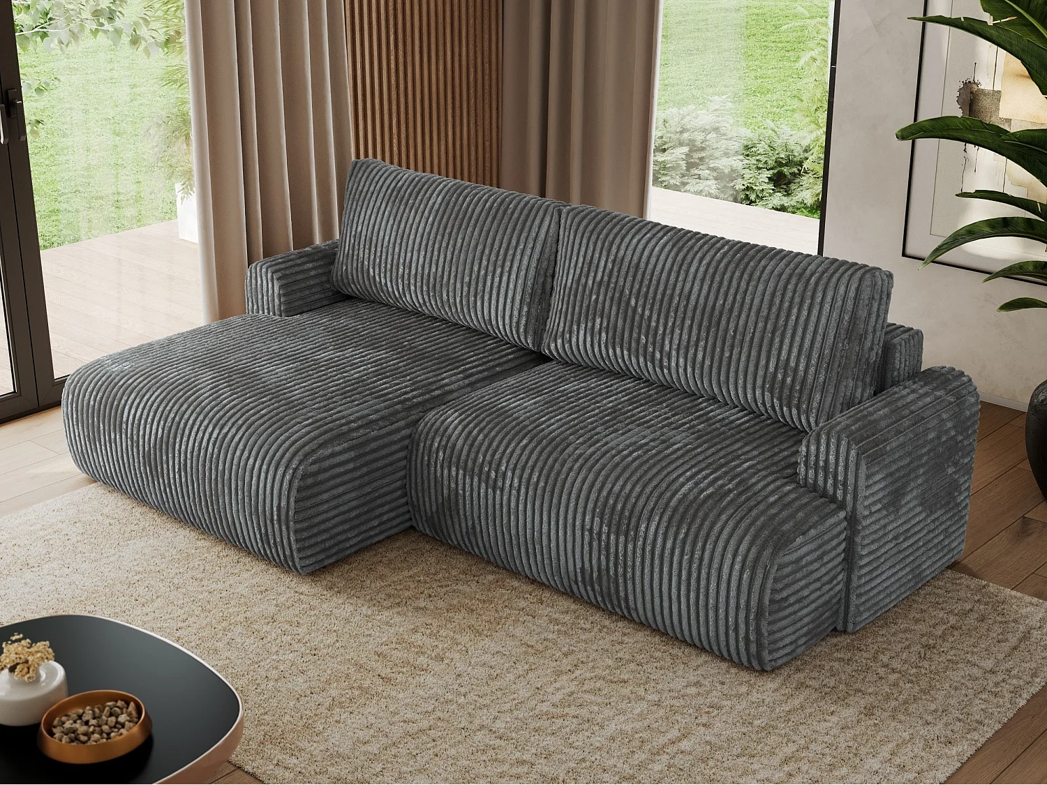 Ecksofa TONO - mit Schlaffunktion und Bettkasten, L-form Ecke, Armlehnen - Dunkelgrau Cord - Ecke Links