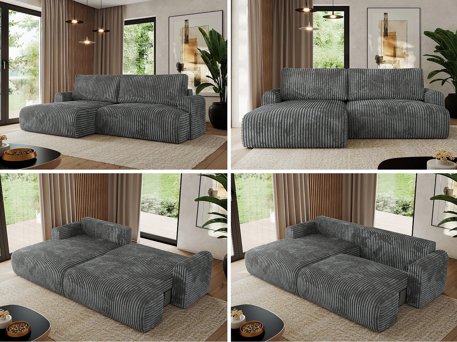 Ecksofa TONO - mit Schlaffunktion und Bettkasten, L-form Ecke, Armlehnen - Dunkelgrau Cord - Ecke Links