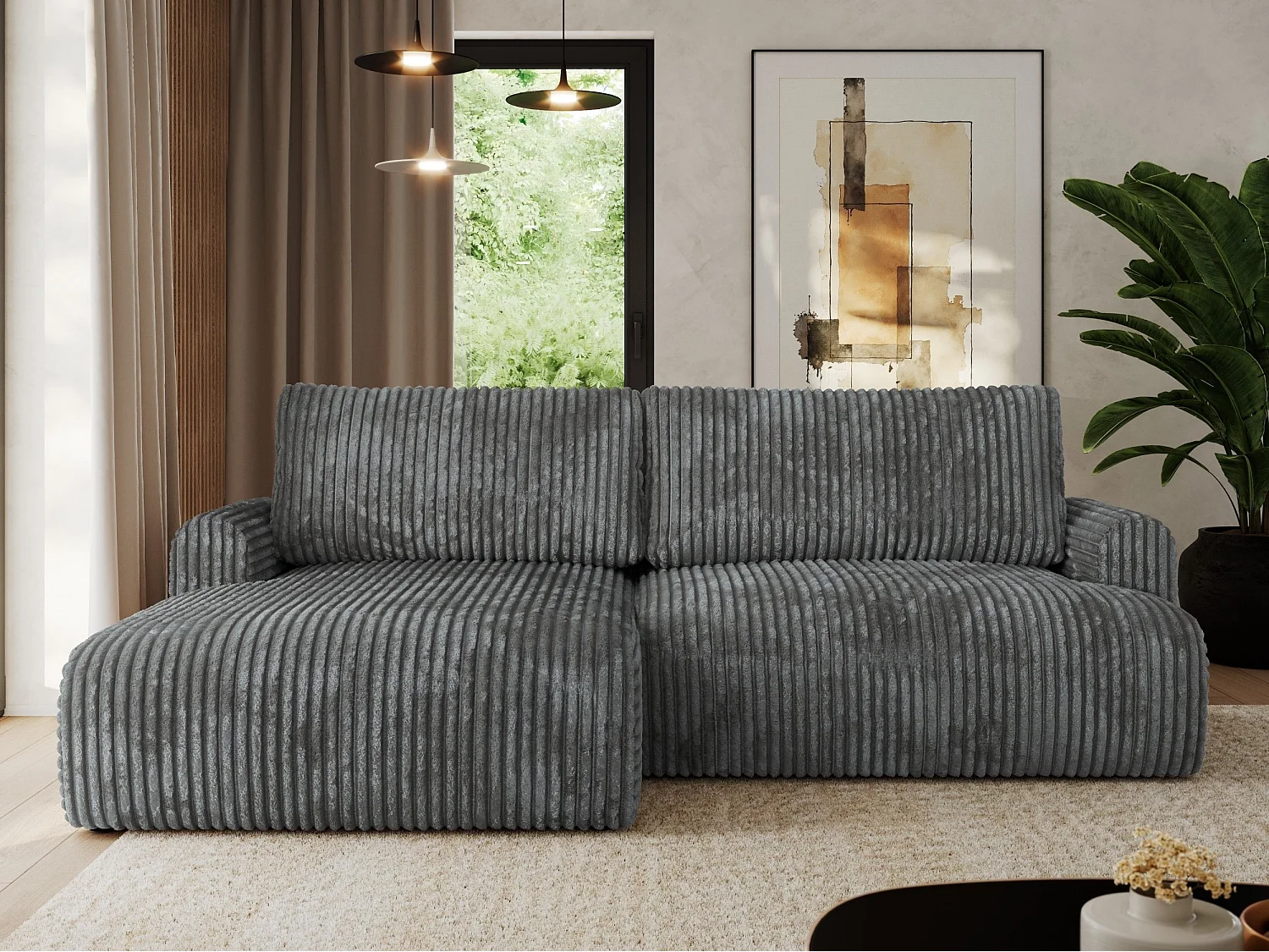 Ecksofa TONO - mit Schlaffunktion und Bettkasten, L-form Ecke, Armlehnen - Dunkelgrau Cord - Ecke Links