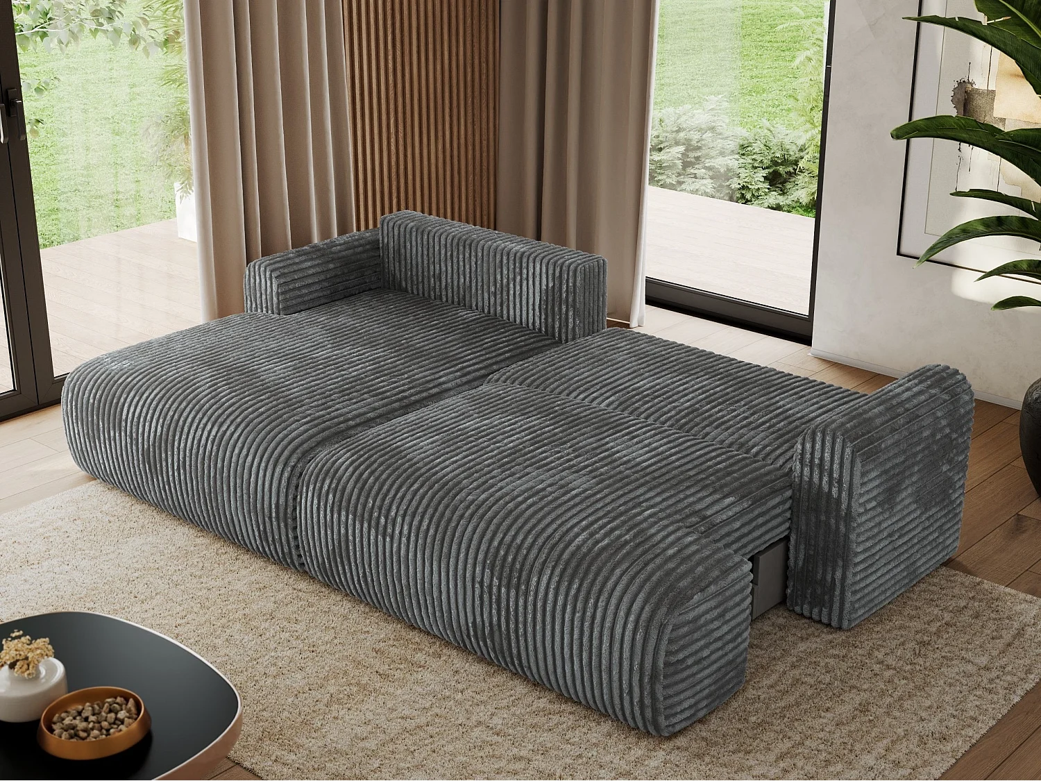 Ecksofa TONO - mit Schlaffunktion und Bettkasten, L-form Ecke, Armlehnen - Dunkelgrau Cord - Ecke Links