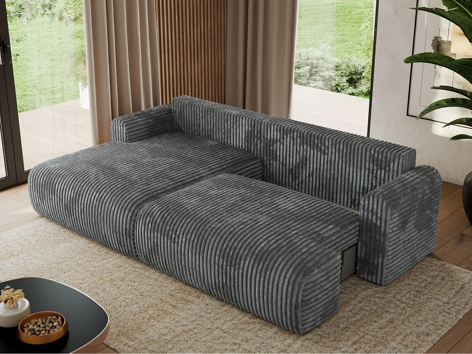 Ecksofa TONO - mit Schlaffunktion und Bettkasten, L-form Ecke, Armlehnen - Dunkelgrau Cord - Ecke Links