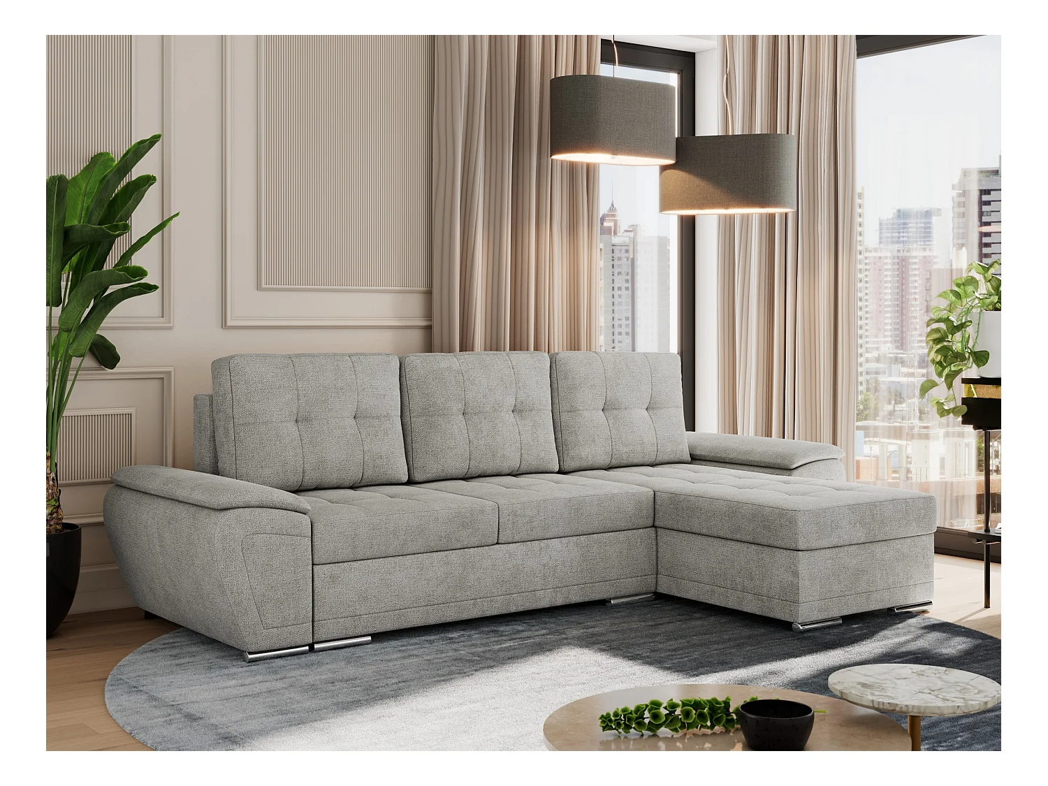 Ecksofa UMBRIA - universell L-form Couch, Schlaffunktion und Bettkasten, gesteppte Ecke - Hellgrau Stukture