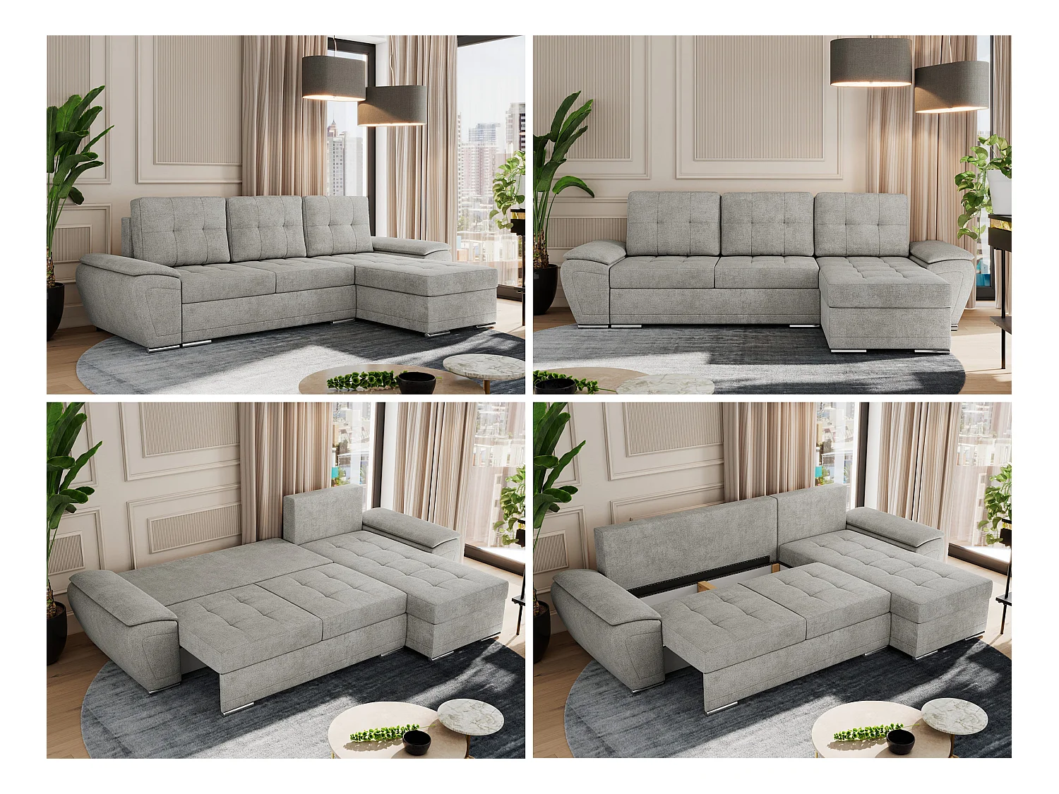 Ecksofa UMBRIA - universell L-form Couch, Schlaffunktion und Bettkasten, gesteppte Ecke - Hellgrau Stukture
