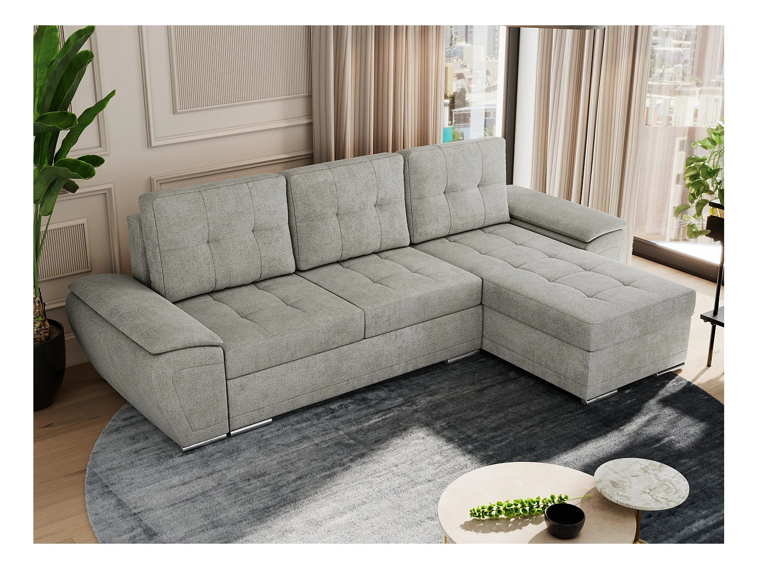 Ecksofa UMBRIA - universell L-form Couch, Schlaffunktion und Bettkasten, gesteppte Ecke - Hellgrau Stukture