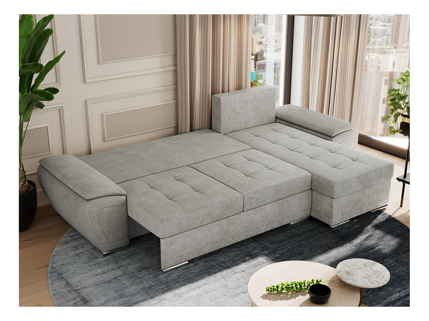 Ecksofa UMBRIA - universell L-form Couch, Schlaffunktion und Bettkasten, gesteppte Ecke - Hellgrau Stukture