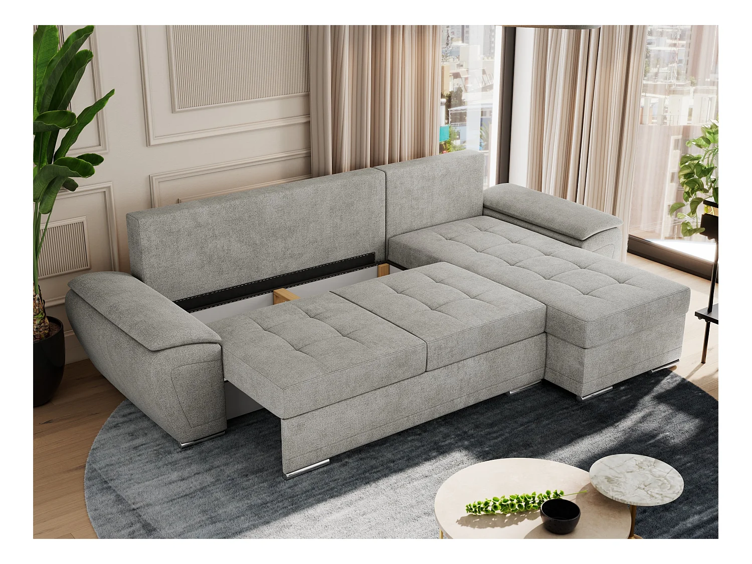Ecksofa UMBRIA - universell L-form Couch, Schlaffunktion und Bettkasten, gesteppte Ecke - Hellgrau Stukture