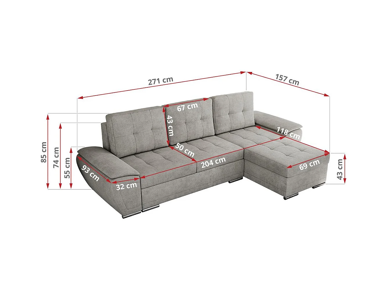 Ecksofa UMBRIA - universell L-form Couch, Schlaffunktion und Bettkasten, gesteppte Ecke - Hellgrau Stukture