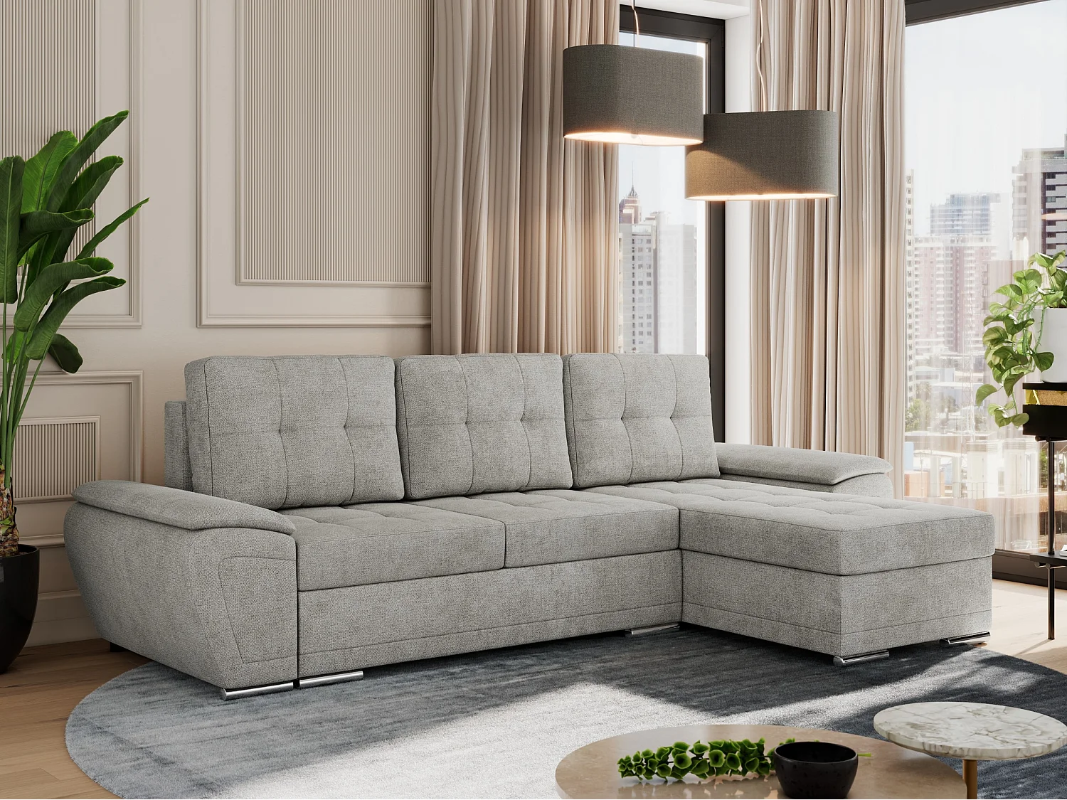 Ecksofa UMBRIA - universell L-form Couch, Schlaffunktion und Bettkasten, gesteppte Ecke - Hellgrau Stukture