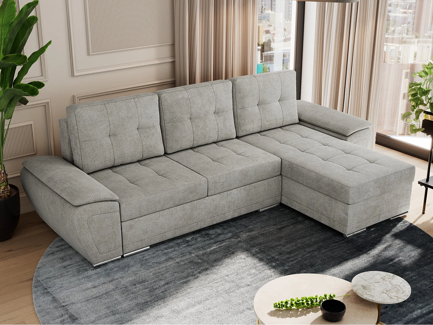 Ecksofa UMBRIA - universell L-form Couch, Schlaffunktion und Bettkasten, gesteppte Ecke - Hellgrau Stukture