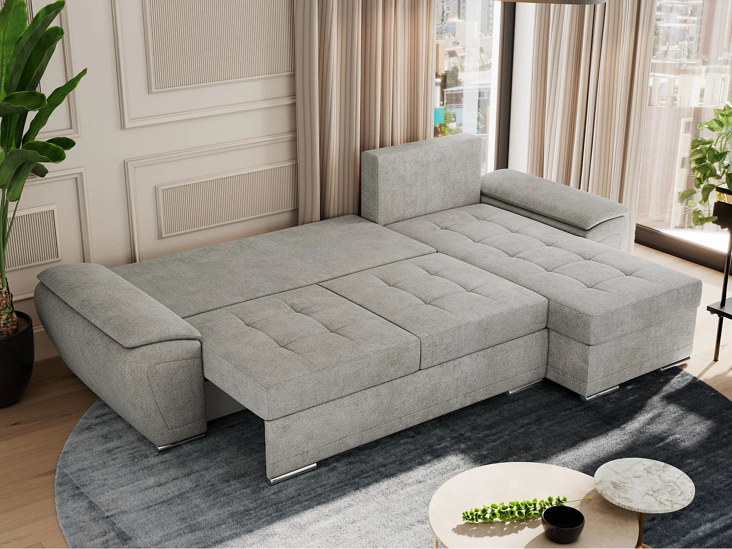 Ecksofa UMBRIA - universell L-form Couch, Schlaffunktion und Bettkasten, gesteppte Ecke - Hellgrau Stukture