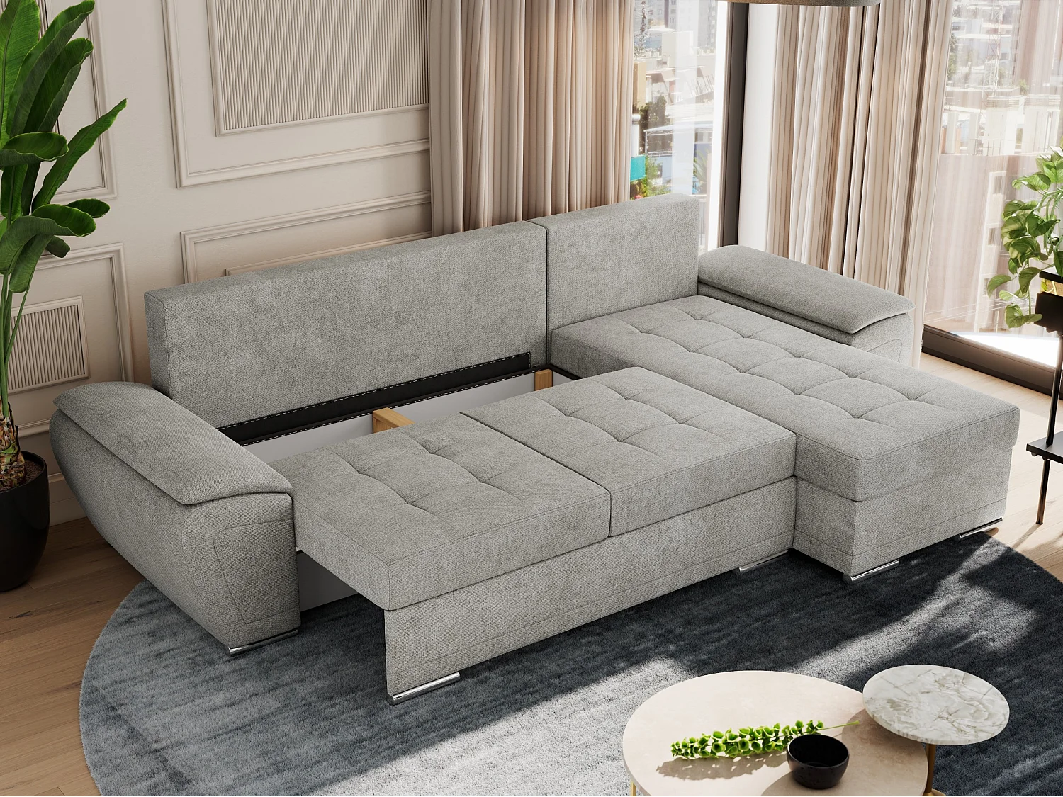 Ecksofa UMBRIA - universell L-form Couch, Schlaffunktion und Bettkasten, gesteppte Ecke - Hellgrau Stukture