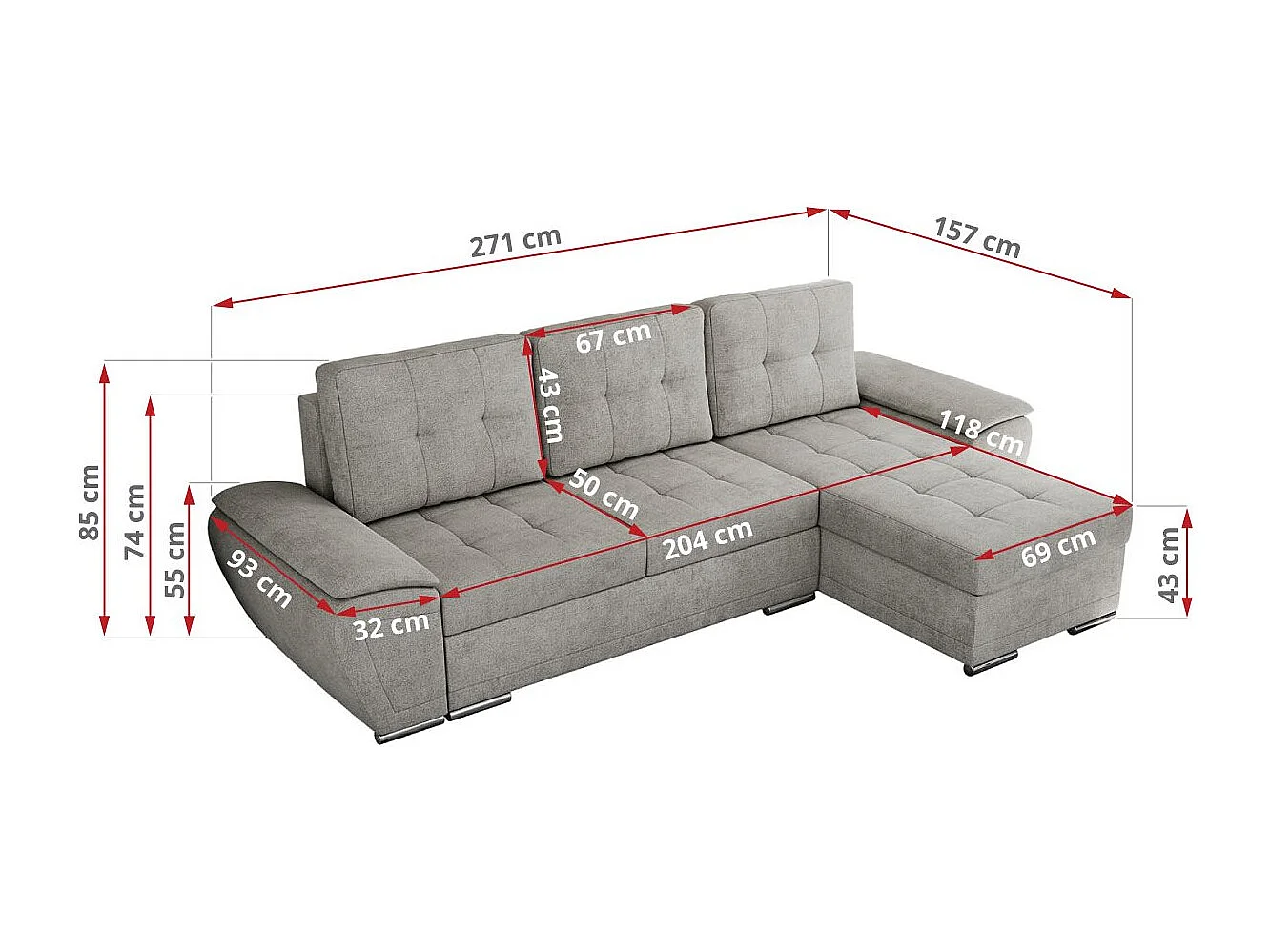 Ecksofa UMBRIA - universell L-form Couch, Schlaffunktion und Bettkasten, gesteppte Ecke - Hellgrau Stukture