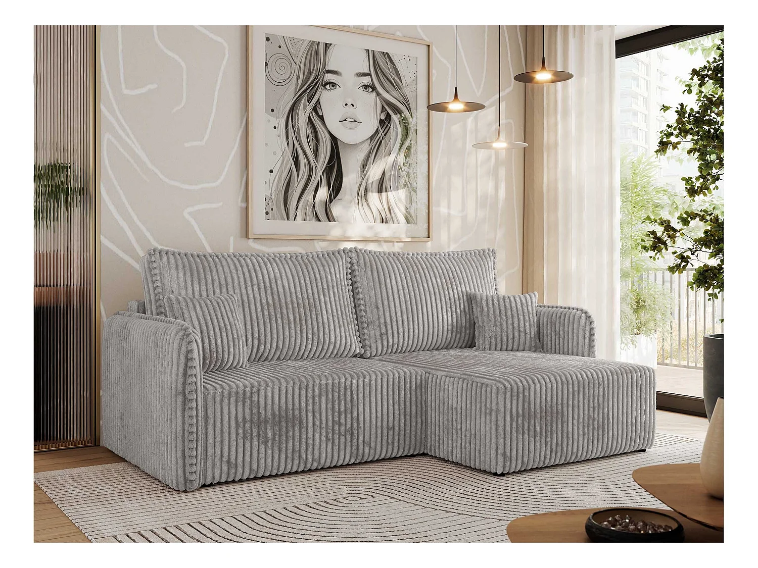 Ecksofa MESTO - Schlaffunktion und Bettkasten, L-form Couch für das Wohnzimmer, Armlehnen - Hellgrau Cord - Ecke Rechts